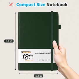 Smarpau Journal Notebook A5 180 Pages, Hardback Notebook with Thick Paper No Bleed, Leather Notepad for Women Men Writing, for Office School Travel, Deep Green