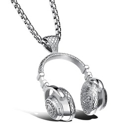 Headphones Necklace for Men Hip-hop Punk Headset Necklace Music Rock Lover Pendant Necklace Stainless Steel Fashion DJ Headset Music Earphone Headphone Necklace (Silver)