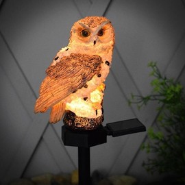 Owl Figure Light Solar Decorative Garden Statues Stake Lighting for Outdoor Figurine Lights Ornament Housewarming Yard Pathway Outside Patio Lawn Decor, Owl Decoys to Scare Birds Away (Brown)