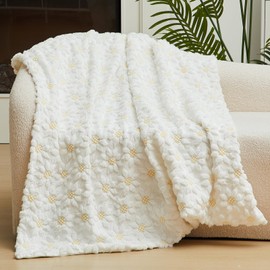 White Faux Fur Throw Blanket 50x60 Inches Soft Plush Faux Fur Jacquard Yellow Color Flower Heart Sunflower for Home Sofa Holiday Decor Warm Soft Blanket Living Room Sofa Couch Bed(Sunflower)