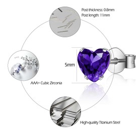 CERSLIMO Silver Earrings for Women Girls - 5mm Cubic Ziirconia Stud Earrings, Titanium Steel Hypoallergenic Earrings | Small Silver Heart Stud Earrings Cartilage Tragus Sleeper Earrings, Purple