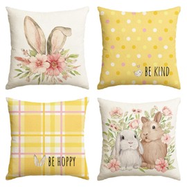 AVOIN colorlife Easter Rabbit Flower Buffalo Plaid Be Hoppy Yellow Throw Pillow Cover, 18 x 18 Inch Polka Dot Bird Be Kind Cushion Case Decoration for Sofa Couch Set of 4