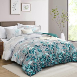 DJY Grey Comforter Set Queen, 3 Piece Blue Botanical Leaves Comforters with 2 Pillow Shams Queen Sizes Reversible Floral Comforter Sets Soft Microfiber Bedding Set for All Season (90"x90")