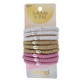 Scunci Shimmer & Style Elastic Hair Ties – Metallic Glitter Stretch Hair Bands, No-Damage, Strong Hold for All Hair Types, Stylish & Comfortable for Everyday Occasions, Assorted Colors, 9-Pack