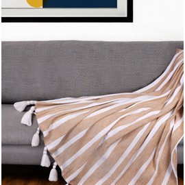 HomeRoots 50" X 60" Gold and Ivory Woven Cotton Striped Throw Blanket with Tassels