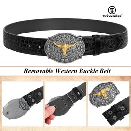 TRIWORKS Western Cowboy Cowgirl Belt for Men Western Buckle Belt 1.5" Wide Floral Engraved Embossed Leather Belt
