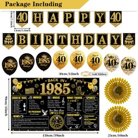 40th Birthday Decorations Kit for Men Women, Black Gold 24PCS Back in 1985 Banner Decorations, Vintage 1985 Banner Wooden Table Sign Poster Hanging Swirl Balloons Papar Fans Cheers to 40 years