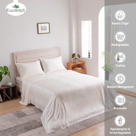 Eucalyptus Lyocell Bed Sheets, Hypoallergenic 100% Organic Tencel, Thermal Regulating and Moisture Wicking for Hot Sleepers, Superior Thread Quality, Extra Deep Pockets King Size - Ivory