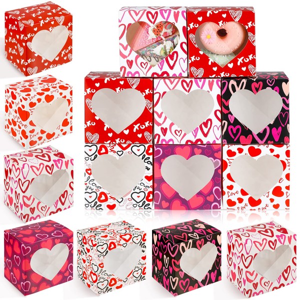 24 Pieces Valentines Boxes Small Valentines Cupcake Boxes Colorful Dessert Boxes Valentine Hearts Treat Boxes with PVC Window for Valentine's Day Desserts (Chic Heart Patterns,4 x 4 x 3 Inch)