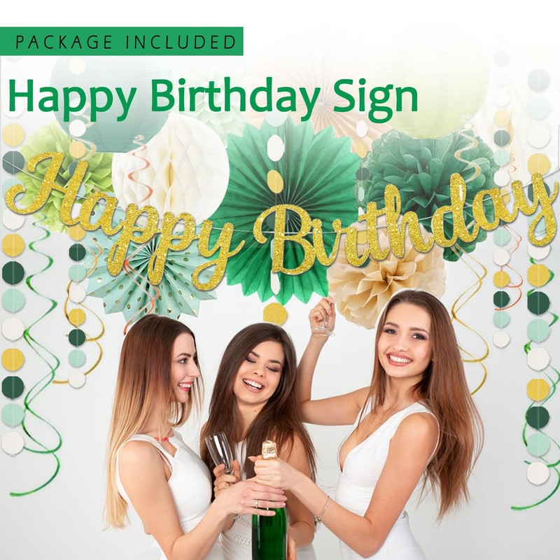 Sage-Green Gold Birthday Decoration,Happy Banner,Olive Retro Paper Lanterns Neutral Tissue