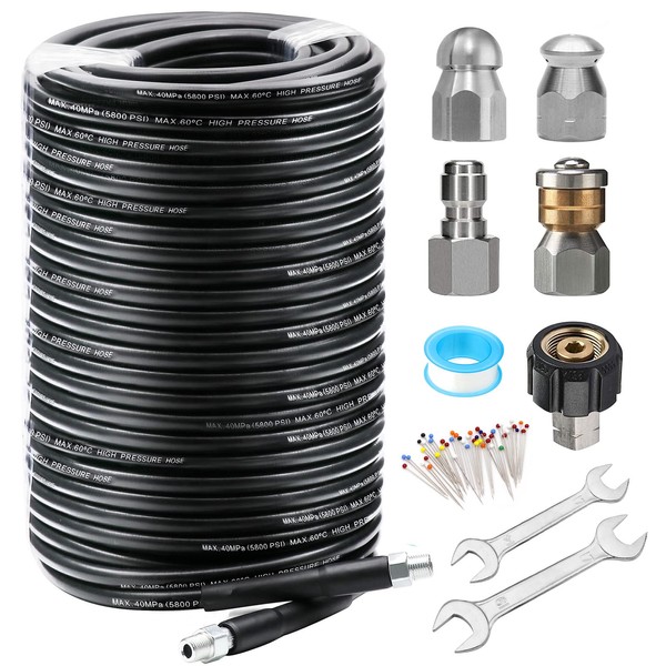 WEST BAY Sewer Jetter Kit 200FT for Pressure Washer, 5800PSI Drain Cleaner Hose 1/4 Inch NPT Corner Rotating and Button Nose Sewer Jetting Nozzle Spanner Waterproof Tape Pearl Corsage Pin