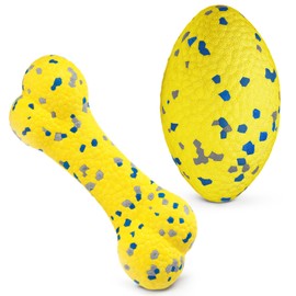 Moonorange 2Pcs Upgrade Bone Dog Balls+Rugby Dogs Toys for Aggressive Chewers, Indestructible Tennis Balls for Dogs (Yellow)