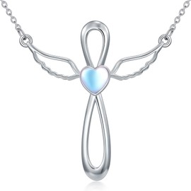 Plesitep Angel Wings Cross Moonstone Necklace 925 Sterling Silver Angel Wings Cross Pendant Necklace Moonstone Jewelry for Women Mom Sister