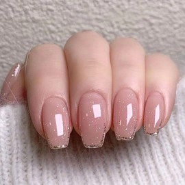 Coffin Press on Nails Short False Nails Gold Glitter French Tip with Glitter Designs Glue on Nails Glossy Fake Nails Pink Transparent Nails Press ons Cute Artificial Stick on Nails for Women 24Pcs