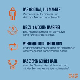 3 x NO HAIR CREW Cold Wax Strips for Body - Wax Strips for Hair Removal for Men (Set 3 x 20 Wax Strips & 4 Wipes)