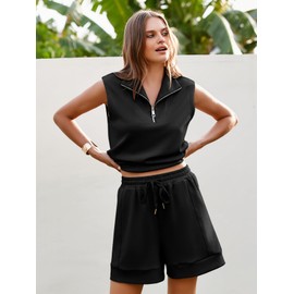 Glamaker Women's Two Piece Short Sets Summer Lounge Sweatsuits Air Essentials Sleeveless Outfits Travel Tracksuit, Black, X-Large