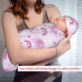 Cute Elephant Rainbow Purple Baby Stuff Newborn Swaddle and Hat Set Stretchy Soft Funny Baby Receiving Blanket Gifts for Infant Baby Boy Girl