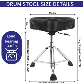 AKLOT Saddle Drum Throne, Hydraulic Drum Throne, Heavy Duty Drum Seat, Height Adjustable Suede Drum Chair, Motorcycle Style Drum Stool for Adults Drummers Grey