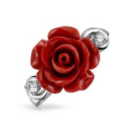 CZ Accent Flower Fashion Red carved Rose Statement Ring For Women For Teen .925 Sterling Silver