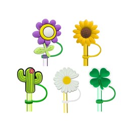 Straw Caps Covers Reusable Straws, Straw Protector Cover Cap, Straw Tip Covers, Drinking Silicone Straw Cover (Flowers)