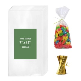 Roll Maven Large Cello Bags 200 Pieces 7x12 Inches Clear Basket Bags OPP Plastic Cellophane Wrap for Gift Baskets Packaging