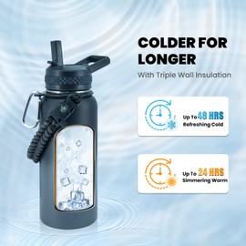 RAYMYLO Insulated Water Bottle 32 oz, Triple Wall Vacuum Stainless Steel (Cold for 48 Hrs), Leak Proof & Non-BPA, Modern Water Flask Jug with Paracord Handle & Straw Spout Lids, Dark Grey