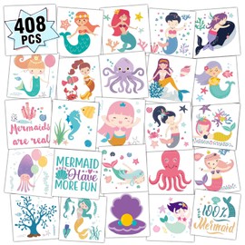 Partywind 408 PCS Kids Tattoos for Party Supplies, Individually Wrapped Sheet Temporary Tattoos Stickers for Kids Goodie Bag Stuffers, Fun Birthday Party Favors - Mermaid