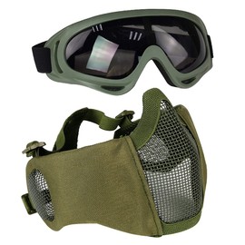 AOUTACC Airsoft Protective Gear Set, Half Face Mesh Masks with Ear Protection and Goggles Set for CS/Hunting/Paintball/Shooting (Green)
