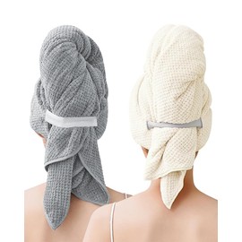 BellaGesundheit Pack of 2 Microfibre Hair Turban with Elastic Band - 100 x 60 cm, Quick Drying & Super Absorbent for Long Thick Curly Hair (Grey & Cream White)