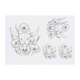 4 x 'Bull Skull with Flowers' Temporary Tattoos - Water Resistant, Skin-Safe, Non-Toxic Transfers, Mixed Sizes (TO00073200)