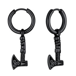 Black Hoop Earrings for Men, Norse Battle Axes Danling Drop Earring, Stainless Steel Viking Earring Hoops No Green Ears