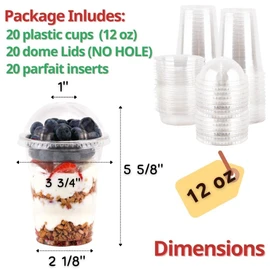 Aatriet 12 oz Clear Plastic Parfait Cups with Insert 3.25oz & Dome Lids No Hole - (20 Sets) Yogurt Fruit Parfait Cups, for Dips and Veggies, Take Away Breakfast and Snacks. No Leaking