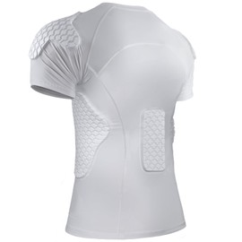 Men Padded Football Shirt Rib Chest Shoulder Protector Heart Guard Padded Compression Shirt 6-Pads Protective Gear for Baseball,Basketball,Rugby, Lacrosse White S