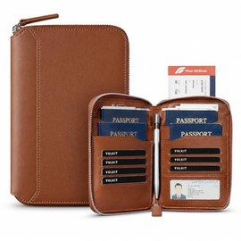 VULKIT Cartera de cuero para pasaporte de 4 a 8 pasaportes familiares con cremallera, organizador de documentos de viaje para hombres o mujeres, Espresso, Minimalista