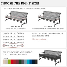 Tounosnt Outdoor Bench Cushion 60 X 18 X 3.5 Inch Thick Waterproof Patio Furniture Cushions, Patio Porch Swing Replacement Seat Pad with Tie Straps and Anti-Slip, for Backyard Garden, Grey