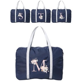 Letter & Floral Print Zipper Travel Bag, Large Capacity Clothes Storage Bag, Portable Women Handbag, Men Large Capacity Luggage Bag, Multifunctional Travel Accessories - Colour: Navy Blue, Size: W