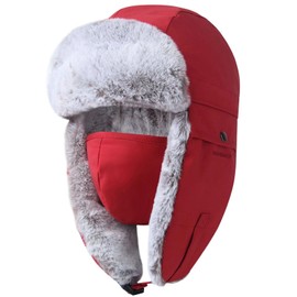 GADIEMKENSD Winter Trapper Hat for Women and Kids Warm Russian Ushanka for Men Snow Ski Hunting Trooper Hat with Ear Flaps Chin Strap Windproof Mask Faux Fur Aviator Warm Hat Cold Weather Caps Red L