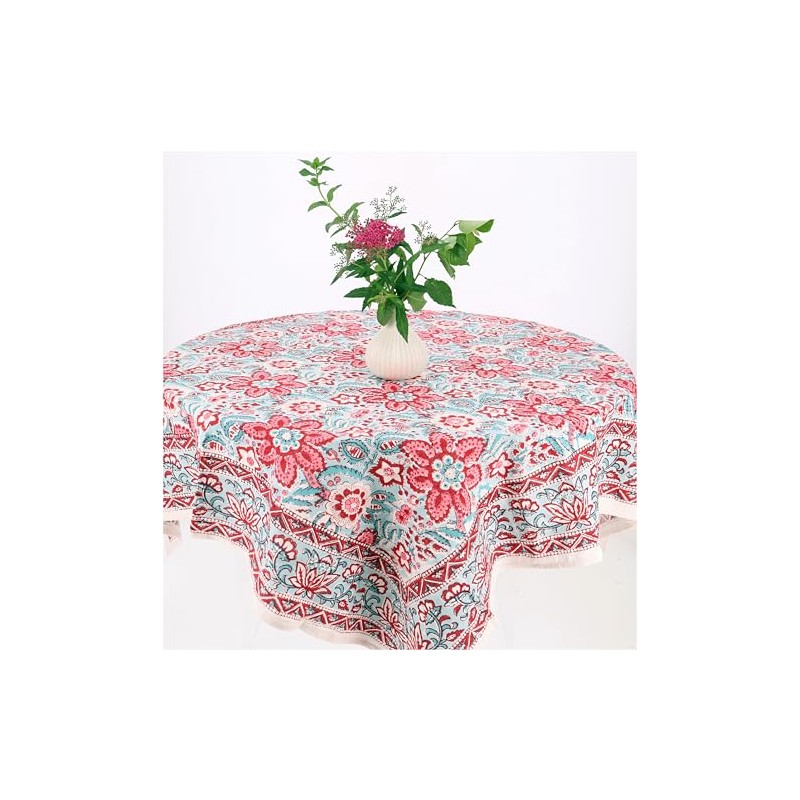 GURU SHOP Square Tablecloth, Handmade, Block Print Tablecloth - Red/Aqua,