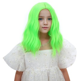 Edivd Kids Green Wig Short Wavy Curly Lime Green Wig for Girls Short Neon Side Part Wigs for Children Heat Resistant Synthetic Wigs with Cap