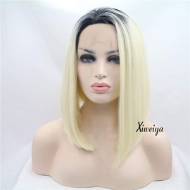 Xiweiya Ombre Blonde 613# Color with Dark Root Short Bob Wig Side Part Heat Resistant Fiber Synthetic Lace Front Wigs For Women Short Haircut Hand Tied Replacement Full Wig