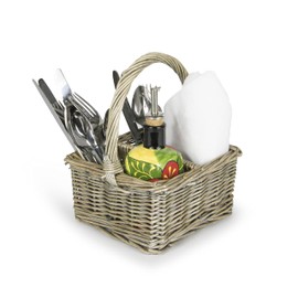 Condiment Holder Wicker Basket Cutlery Holder for Table Party - Cutlery Table Silverware Caddy with 4 Compartments - Antique Wash Natural Willow with Carry Handle Cutlery Storage for BBQ