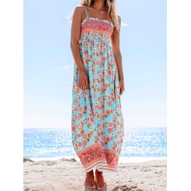 CUPSHE Women's Maxi Dress Ditsy Floral Smocked Summer Sundress Sleeveless Ruffled Spaghetti Straps Long Beach Formal Dress Mint Floral, XXL