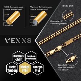 VEXXS 3/4/5/6 mm Men's Curb Chain, 18 K Gold Plated Cuban Necklace, Miami Cuban Link Chain, Men's Chain, Hip Hop, Nickel-Free for Men and Women, Gold