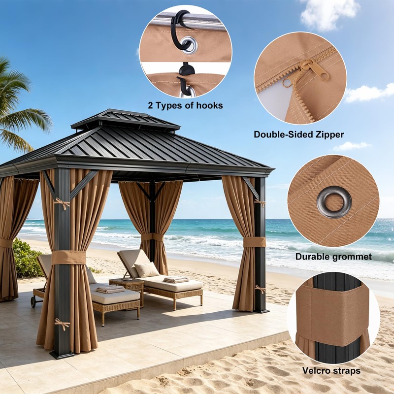 10x12 Gazebo Curtains, 4-Panels Gazebo Replacement Curtains with Zipper &