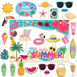 Qpout Hawaiian Photo Booth Props with Paper Frame,24pcs Summer Tropical Beach Party Selfie Props for Hawaiian Pool Party Favor Supply Decorations