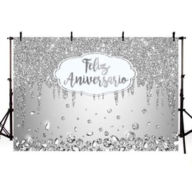 AIBIIN 7x5ft Feliz Aniversario Backdrop Mexican Happy Anniversary Party Decorations Diamonds Silver Photography Background Cheers to Wedding Anniversary Banner