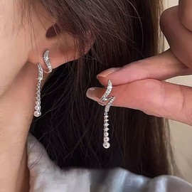 Cimenexe Bohemian Swirl Crystal Earrings Silver CZ Pearl Drop Earrings Long Rhinestone Pearl Tassel Earrings CZ Paved Swirl Stud Earrings Jewellery for Women, Zinc, No Gemstone