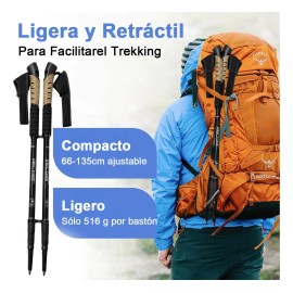 2 bastone De Trekking Plegable 135cm, Paquete 2 Bastones Telescópico Aluminio Resistente Ultraligero Senderismo Para Acampar Caminar Montar Deporte Caminar Ligero plegable Aire Libre Esquiar Con Bolsa