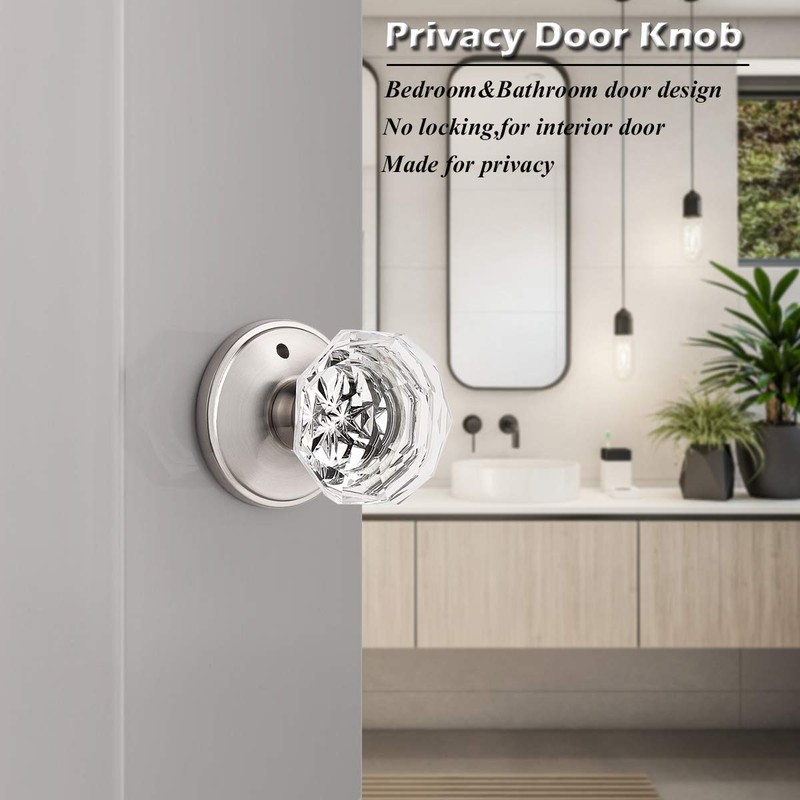 Classic Rosette, Crystal Style Privacy Door Knob, Satin Nickel Diamond