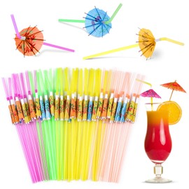 Hawaiian Party Straws, Paxcoo 50Pcs Umbrella Straws for Cocktails, Drink Umbrella Straws for Tropical Hawaiian Luau Party Decorations (Assorted Colors)